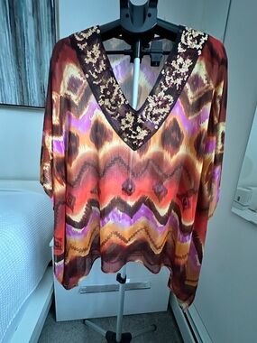 Debbie Shuchat Silk Blouse M/M | Sequin V-Neck Abstract Print Boho Top